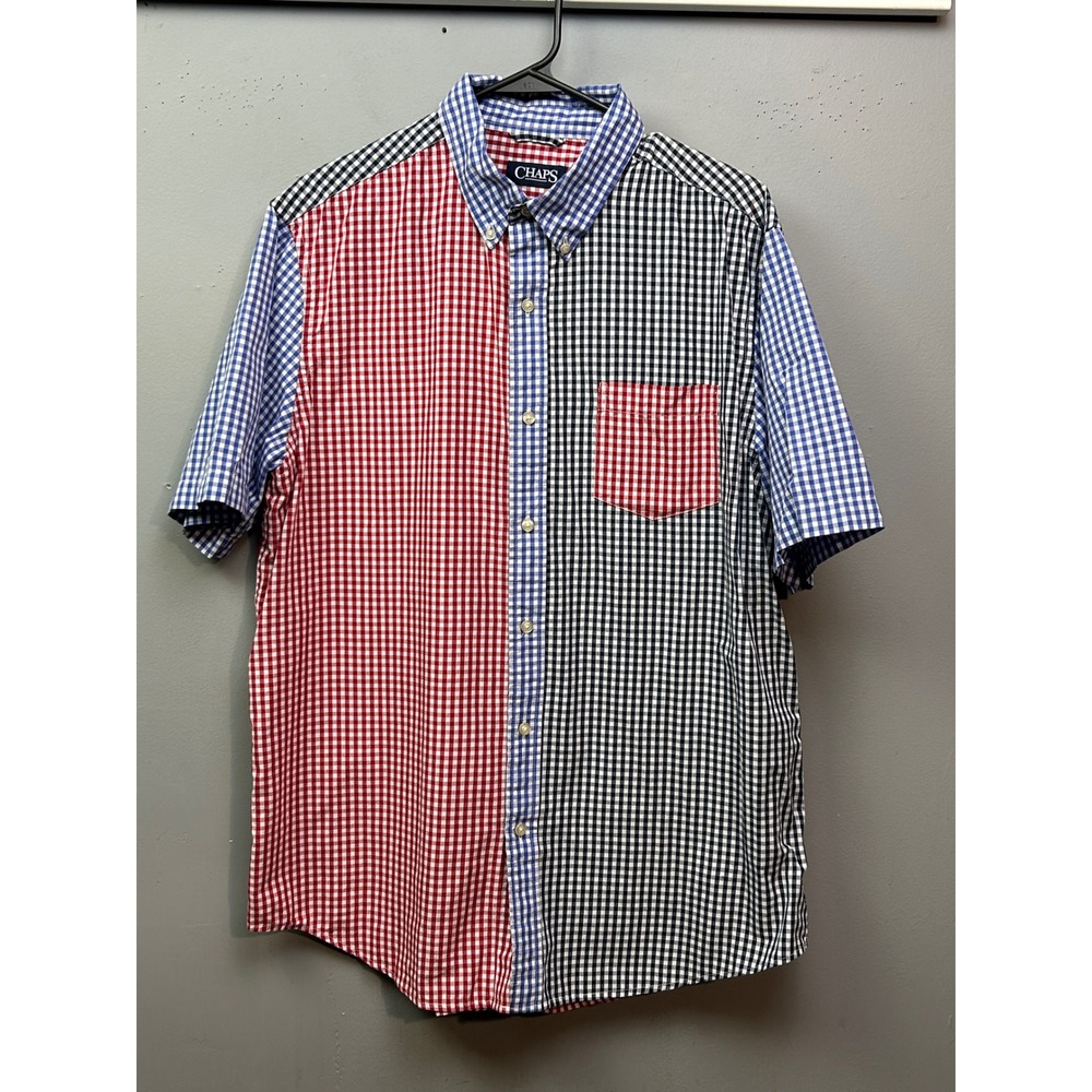 Chaps Mens Large Gingham Check Short Sleeve Button Up Shirt Colorful